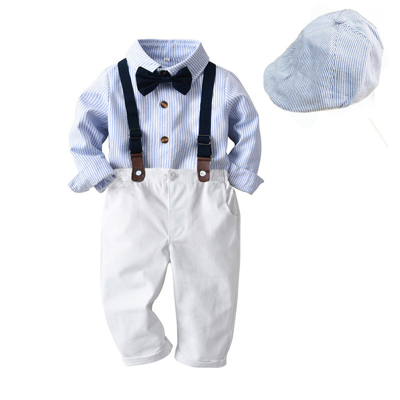Boys' Spring And Autumn New Striped Shirt Hat Pants Match Suit