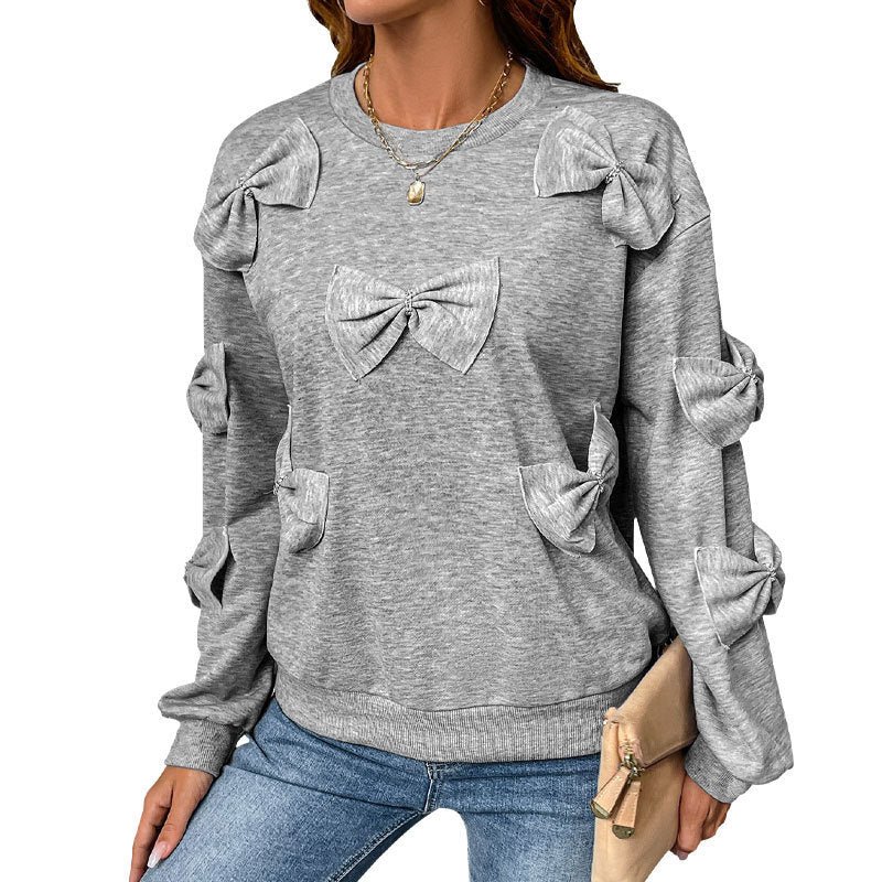 Casual Cool Bow Stitching Gray Women's Round-neck Sweater