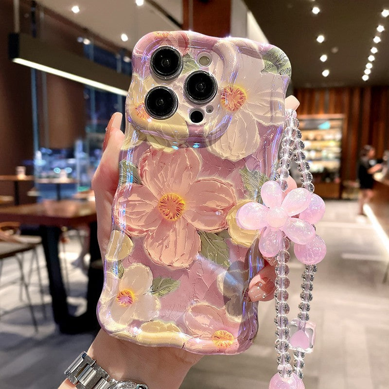 Étui de téléphone avec cordon et motif de fleurs peintes à l'huile
