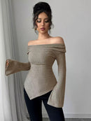 Ribbing Bottoming Sweater Off-the-shoulder Slim Knit Long-sleeved Top