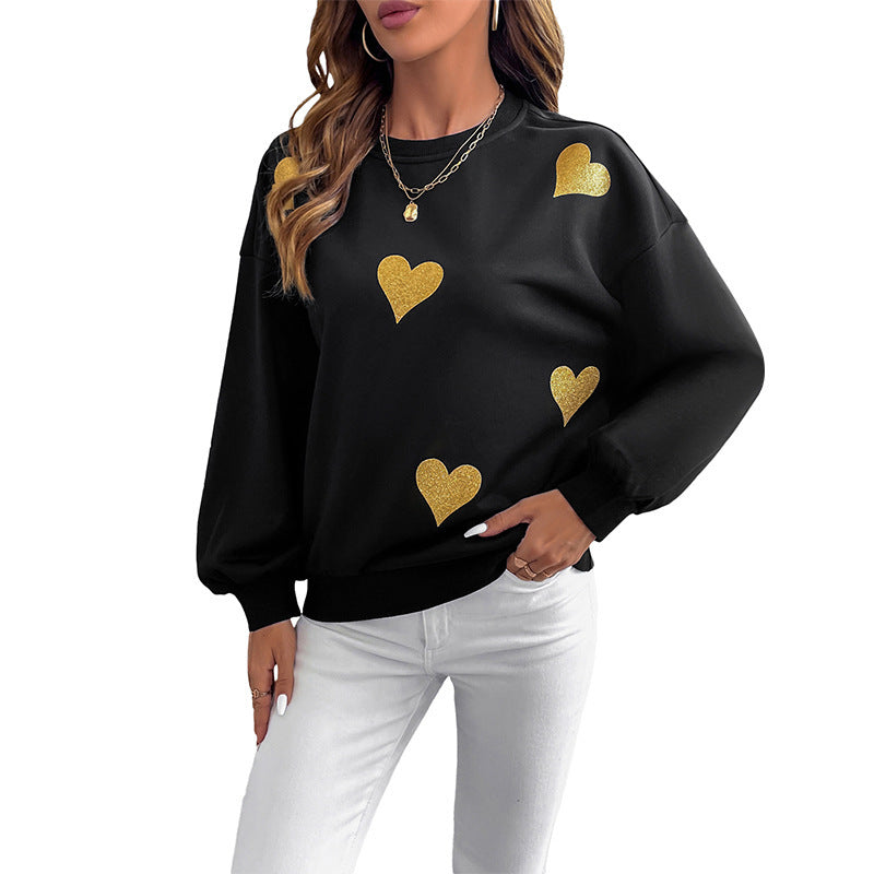 Women's Sweet Style Heart Printing Loose Round Neck Long Sleeve Sweater