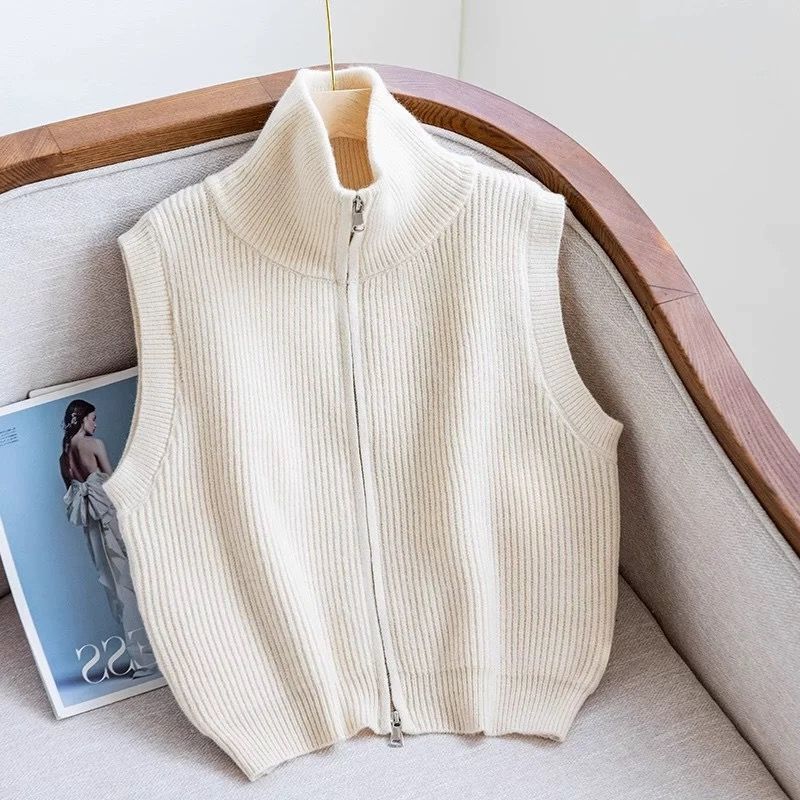 Turtleneck Double Zipper Knitted Vest Versatile Bottoming Shirt