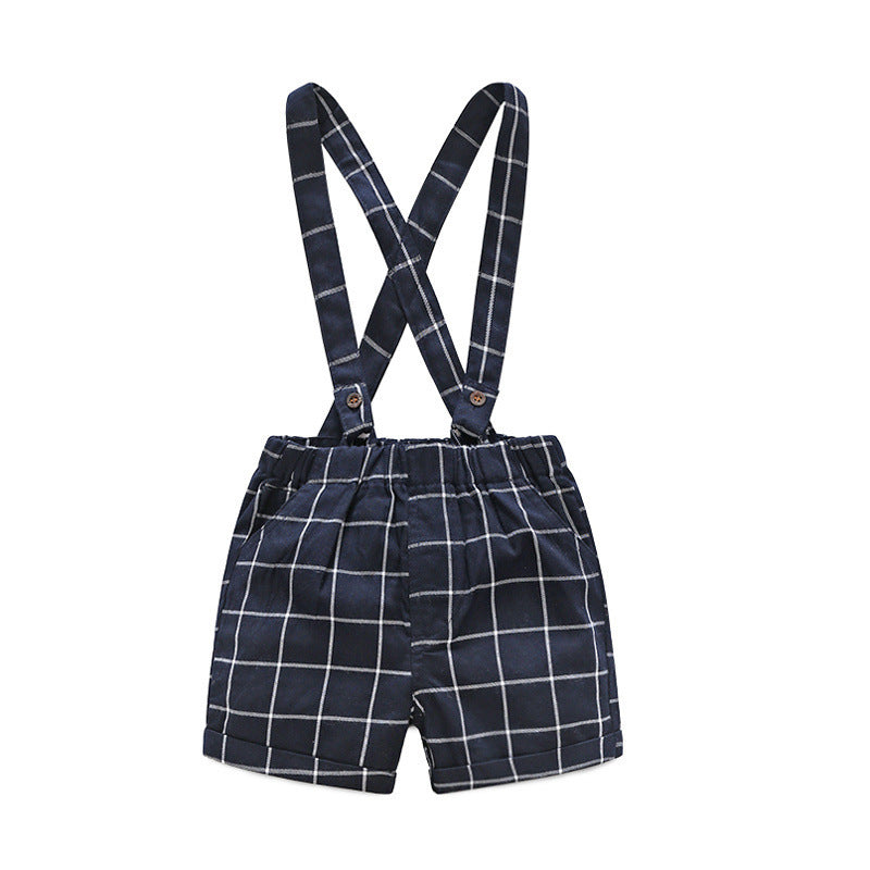 Children's Short-sleeved Knitted One-piece Romper Sheath Romper Plaid Suspender Pants