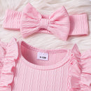 3 Piece Set Ribbed Frill Long Sleeve Romper And Pants Suit With Headscarf