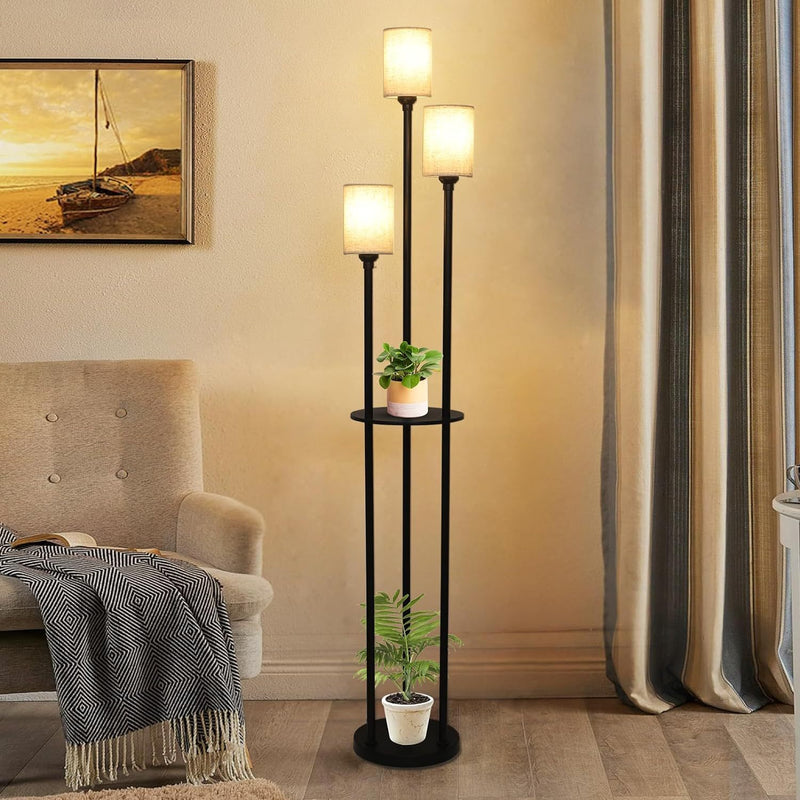 Floor Lamp With Shelf, Floor Lamp For Modern Living Room, 3 Light Standing Lamp With Linen Shade And Foot Switch
