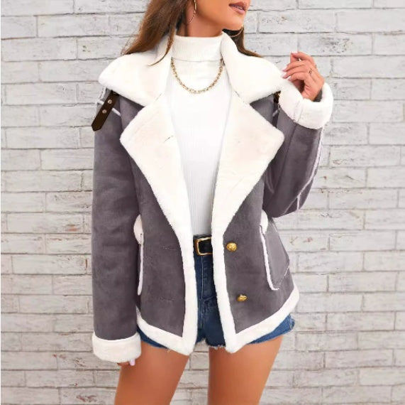 Lapel Plush Jacket, Winter Warm Casual Outwear, Women's Clothing
