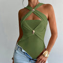 Women's Criss Cross Halter Bodysuit Ring Cut Out Sleeveless Fitted Leotard Tops