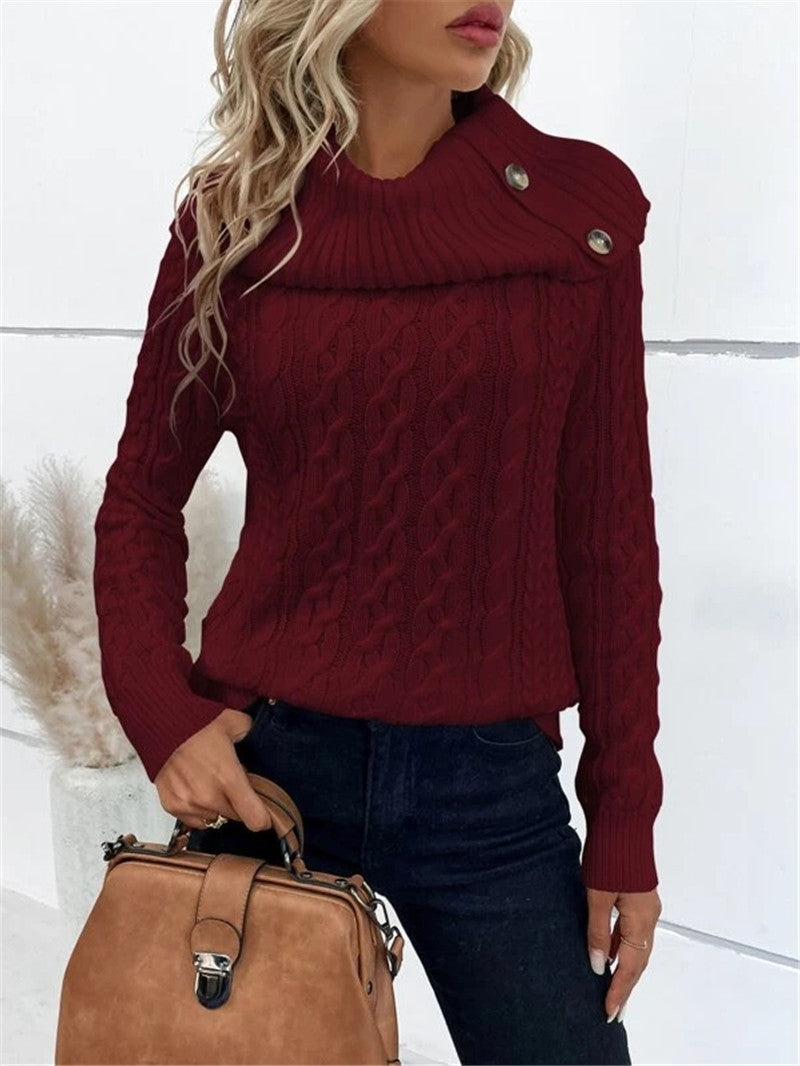 Twisted Knitted Turtleneck Buttons Raglan Sleeve Sweater