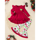 Toddler Baby Girls Christmas Clothes Ruffle Long Sleeve Heart Print Tops Dress Christmas Ball Print Flared Pants With Headband Outfits Set