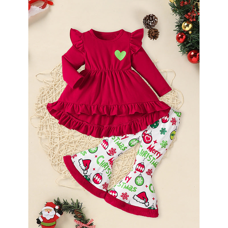 Toddler Baby Girls Christmas Clothes Ruffle Long Sleeve Heart Print Tops Dress Christmas Ball Print Flared Pants With Headband Outfits Set