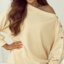 Beige Buttoned Sleeve Dropped Shoulder Sweatshirt