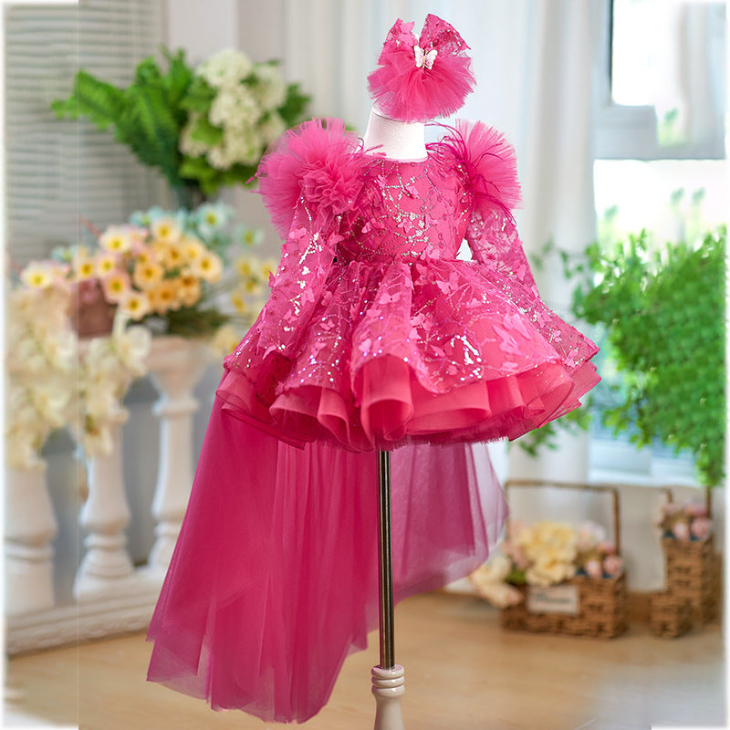 Rose Red Butterfly Sequined Long Sleeve Princess Children's Birthday Party Dress