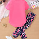 Girls Heat Transfer Patch Short Sleeve Round Neck Top Casual Pants Suit