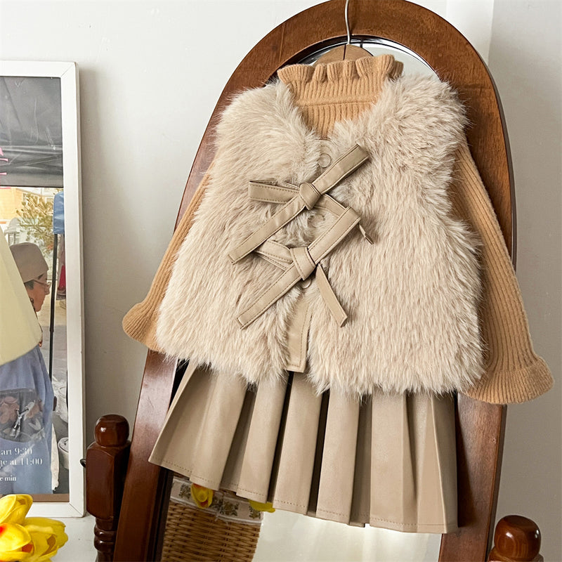 Girls' Autumn And Winter Warm Fur Waistcoat Leather Skirt Suit
