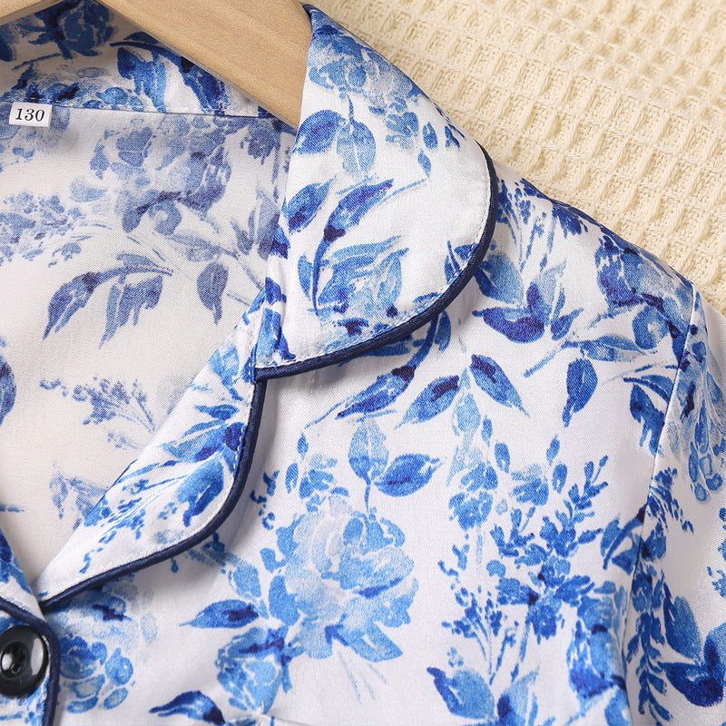 Printed Cardigan Lapel Children's Short-sleeved Satin Homewear Suit