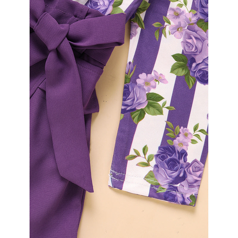 Toddler Girl Purple Rose Print Girls Outfit, Spring Fall Stripe Top With Belt Skirts Set Holiday Going Out Clothes