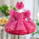 Rose Red Butterfly Sequined Long Sleeve Princess Children's Birthday Party Dress