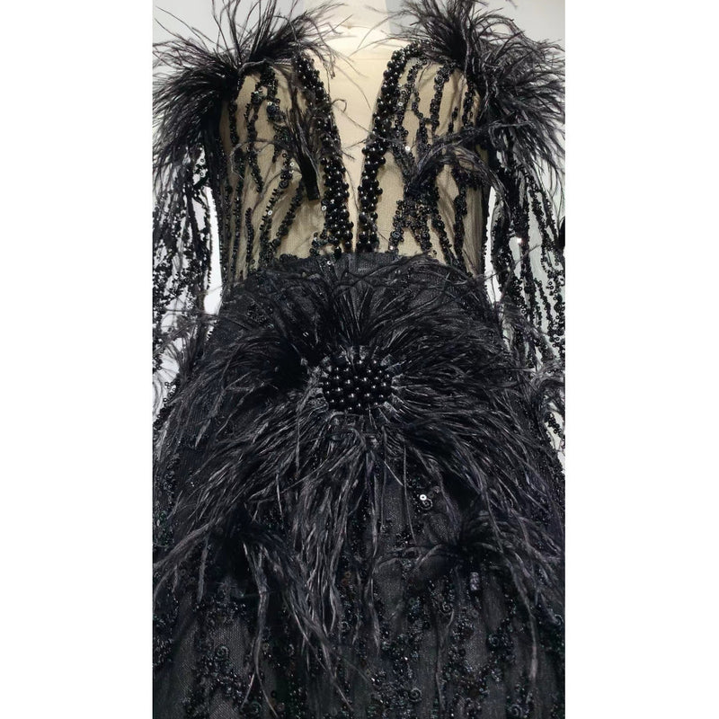 Mesh Long-sleeved Sequin Feather Casual Dress