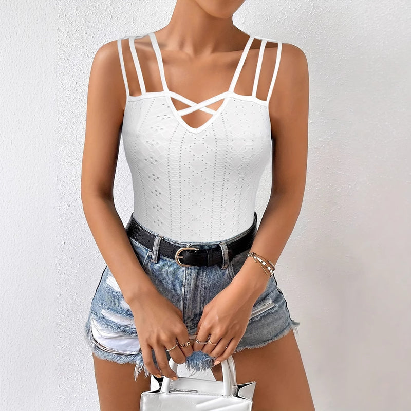Summer Sleeveless Women's Solid Color Jacquard Camisole Pullover With Hollowed Out Top