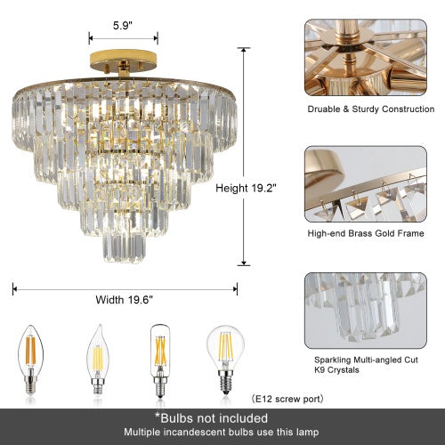 Golden Crystal Chandelier, 5-layer Round Semi-recessed Chandelier Lamp, Large Modern Luxury Chandelier, Suitable For Living Room, Dining Room, Bedroom, Corridor