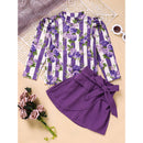 Toddler Girl Purple Rose Print Girls Outfit, Spring Fall Stripe Top With Belt Skirts Set Holiday Going Out Clothes