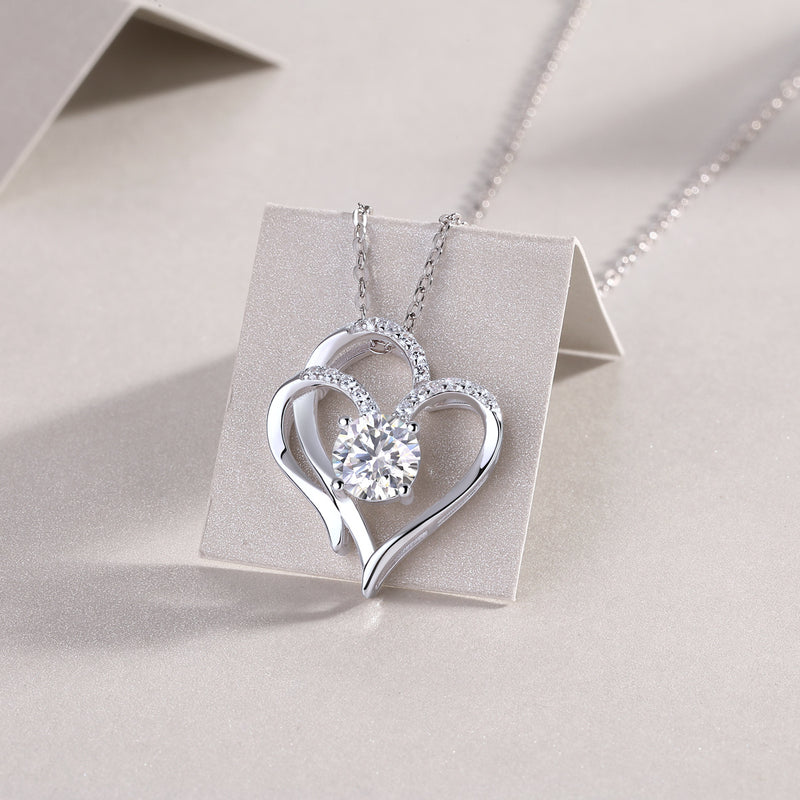 Heart To Heart Connected Luxury Fashion Diamond Pendant Necklace Set With Mosan Diamond Silver Ornaments