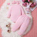 3 Piece Set Ribbed Frill Long Sleeve Romper And Pants Suit With Headscarf