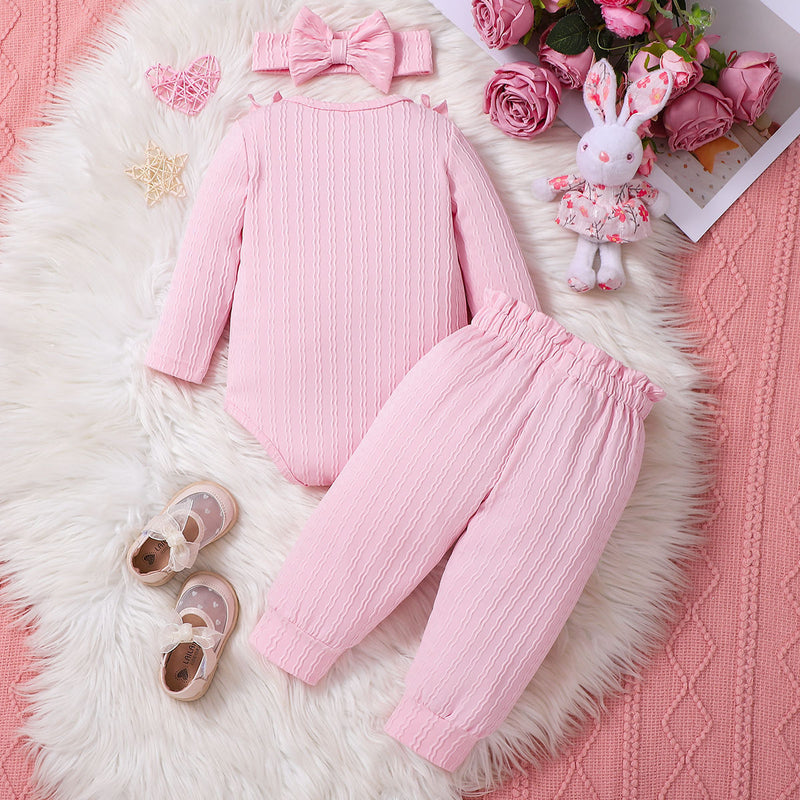 3 Piece Set Ribbed Frill Long Sleeve Romper And Pants Suit With Headscarf