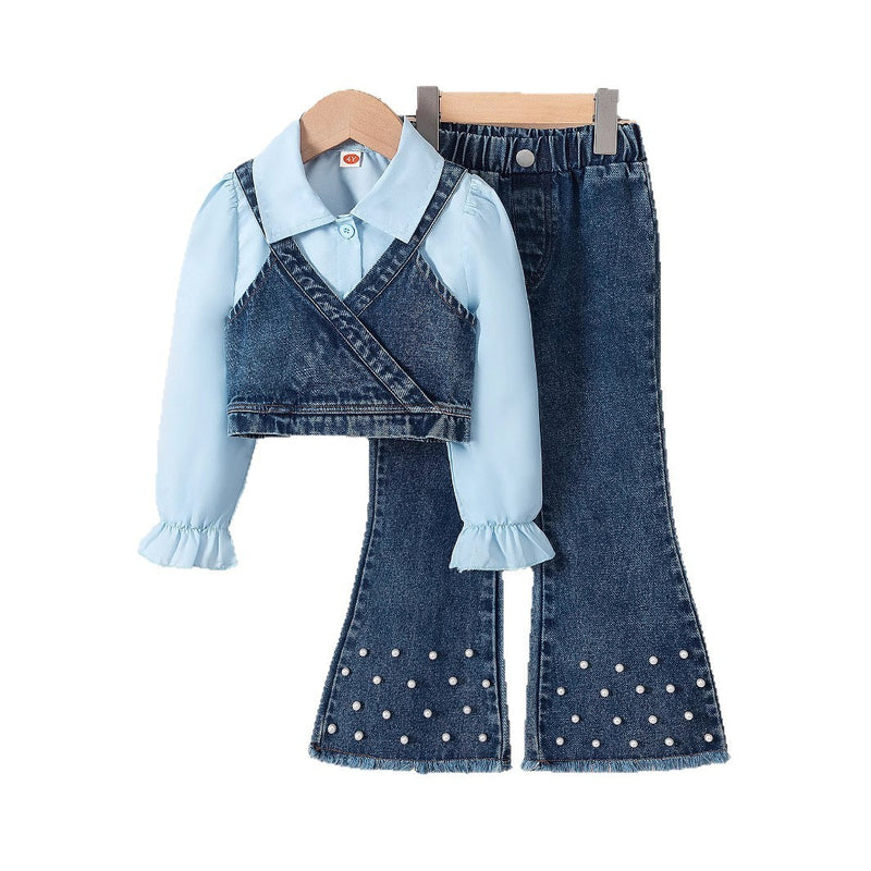 Girls' Lapel Shirt Denim Bell-bottom Pants Three-piece Suit