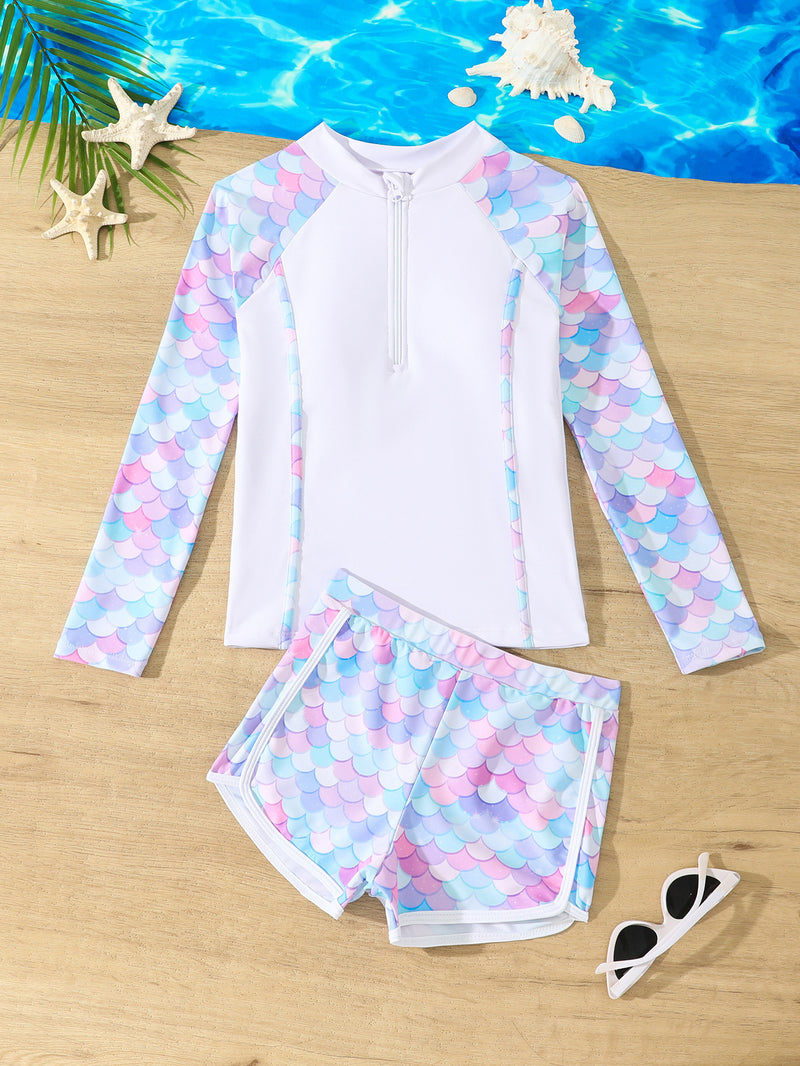 Split Boxer Long Sleeve Zipper Swimsuit With Chest Pad