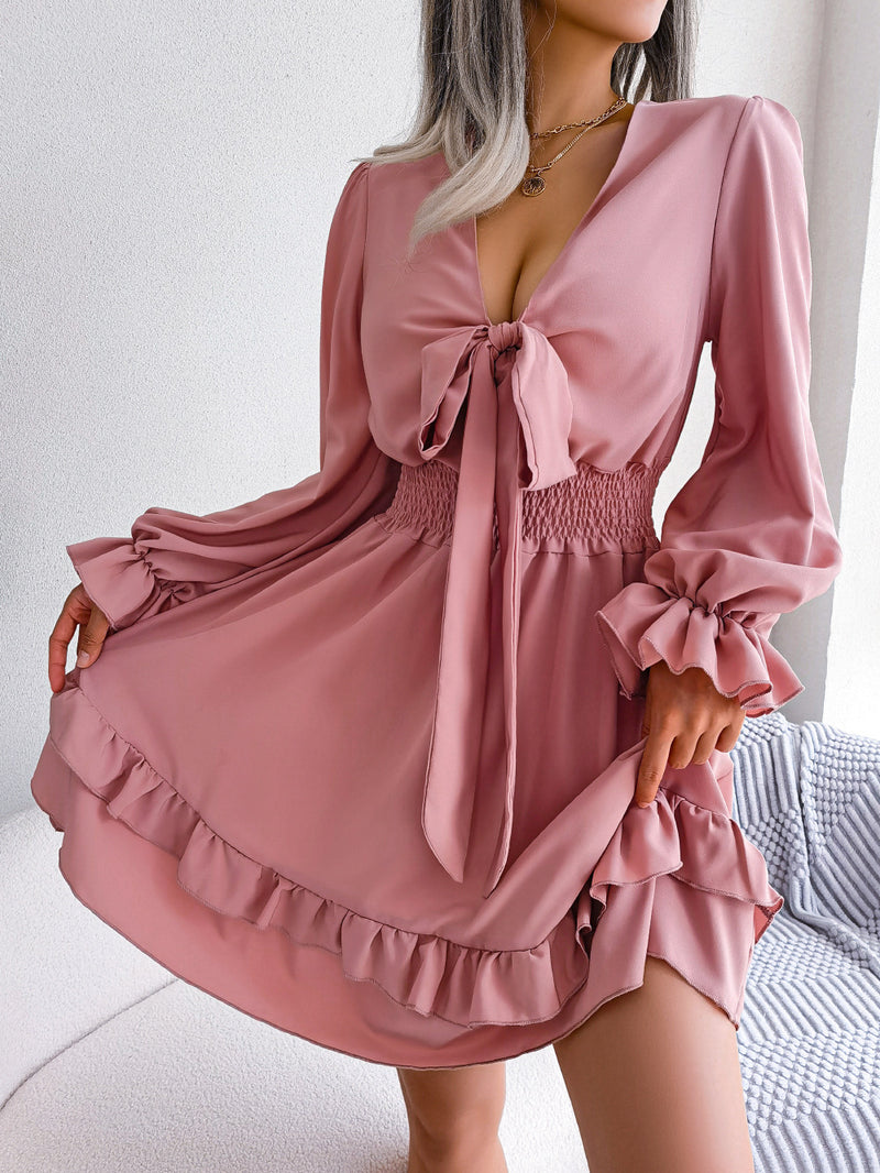 Spring And Summer European And American Leisure Lace-up Waist-tight Wooden Ear Swing Dress