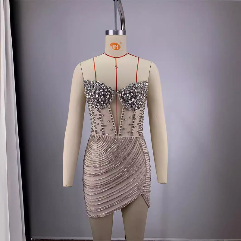 High Quality Fashion Off-the-shoulder Diamond Trim Slim Chain Tight Mini Dress Women