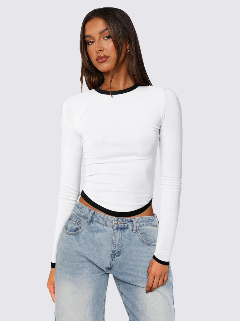 Women's Long-sleeved Round Neck Slim-fit Contrast Colors Short Pullover Top
