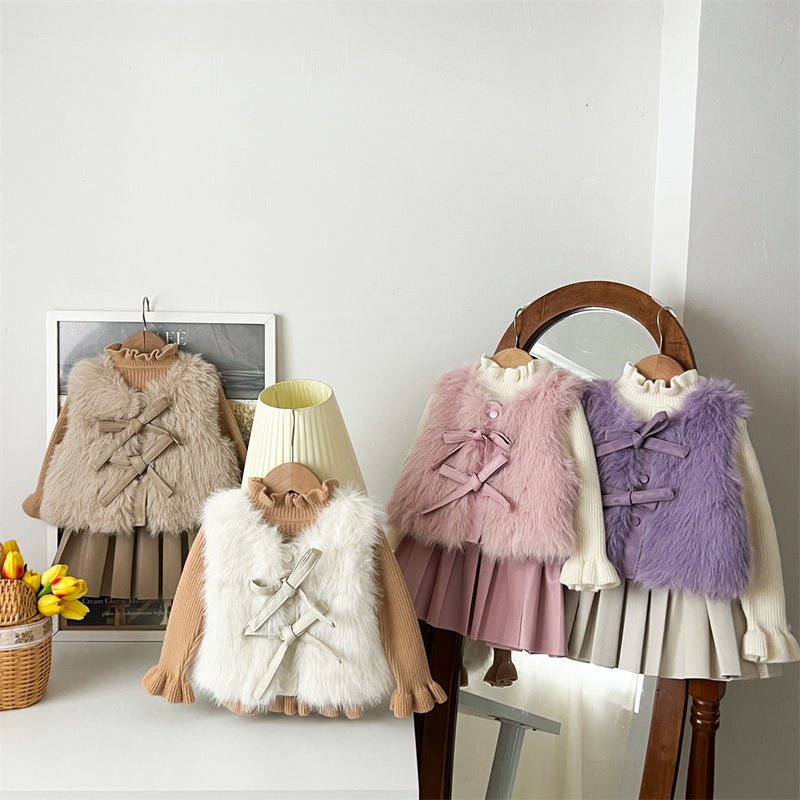 Girls' Autumn And Winter Warm Fur Waistcoat Leather Skirt Suit
