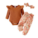 Sunken Stripe Long-sleeve Jumpsuit Flower Print Trousers Hair Band For Girls Suit