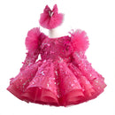 Rose Red Butterfly Sequined Long Sleeve Princess Children's Birthday Party Dress