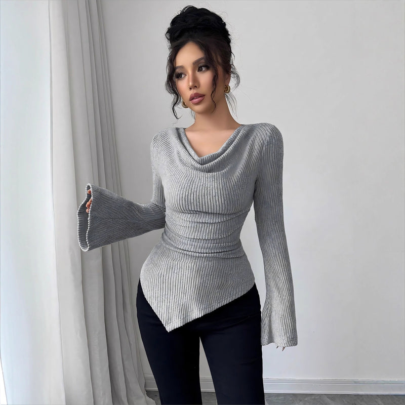 Ribbing Bottoming Sweater Off-the-shoulder Slim Knit Long-sleeved Top