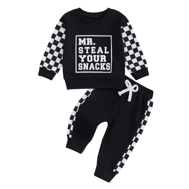 Casual Plaid Stitching Round Neck Letter Print Sweater Trousers Suit