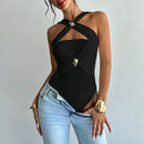 Women's Criss Cross Halter Bodysuit Ring Cut Out Sleeveless Fitted Leotard Tops
