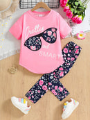 Girls Heat Transfer Patch Short Sleeve Round Neck Top Casual Pants Suit