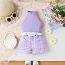 Children's Pure Color Halter Top Printed Shorts Belt