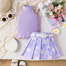 Girls' Pit Striped Halter Sleeveless Top Printed Pleated Skirt Belted Suit