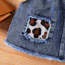 Children Suit Sunken Stripe Letter Jacket Leopard Patch Denim Skirt