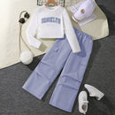 Girl All-match Letter Long Sleeve Sweater Wide Leg Pleated Overalls