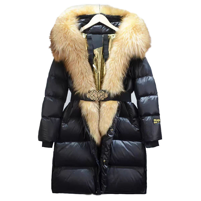 Extended Black Golden Lock Warm Real Fox Fur Big Fur Collar Duck Down Down Jacket