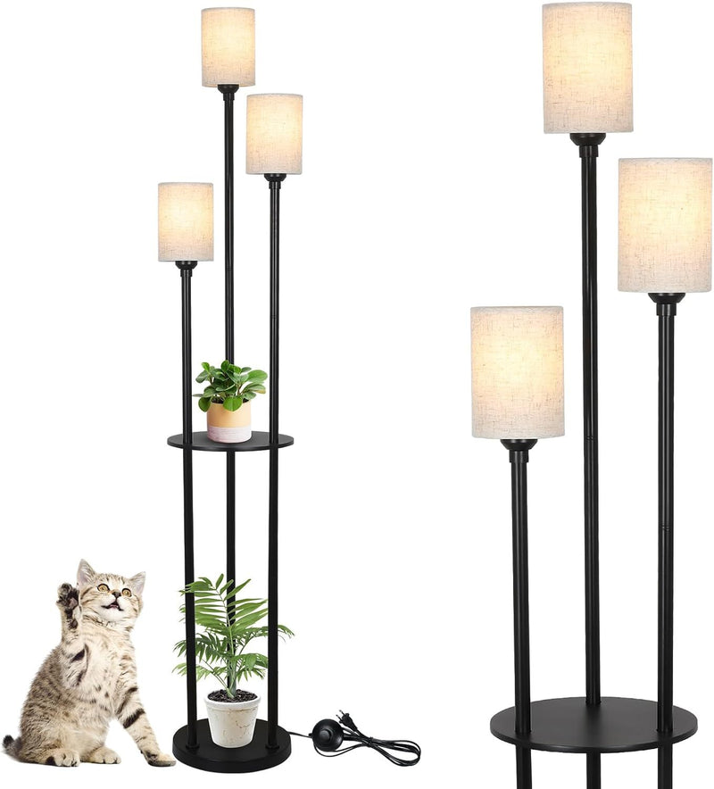 Floor Lamp With Shelf, Floor Lamp For Modern Living Room, 3 Light Standing Lamp With Linen Shade And Foot Switch