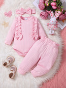 3 Piece Set Ribbed Frill Long Sleeve Romper And Pants Suit With Headscarf