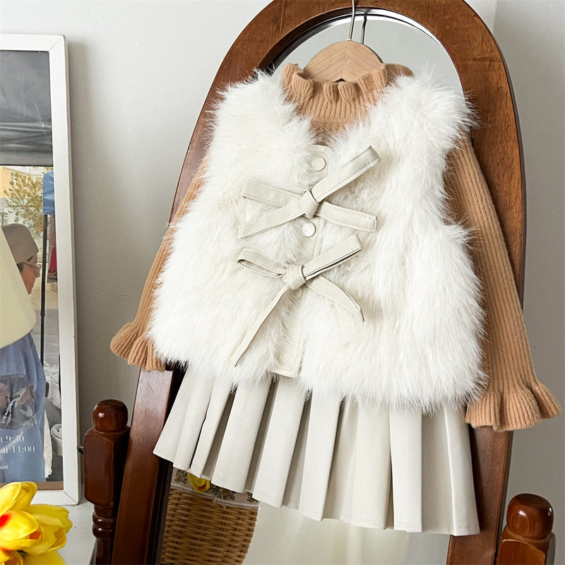 Girls' Autumn And Winter Warm Fur Waistcoat Leather Skirt Suit