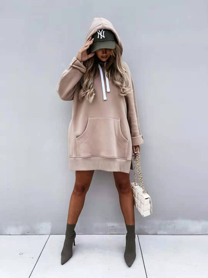 Women's Solid Color Hooded Mid-length Sweater