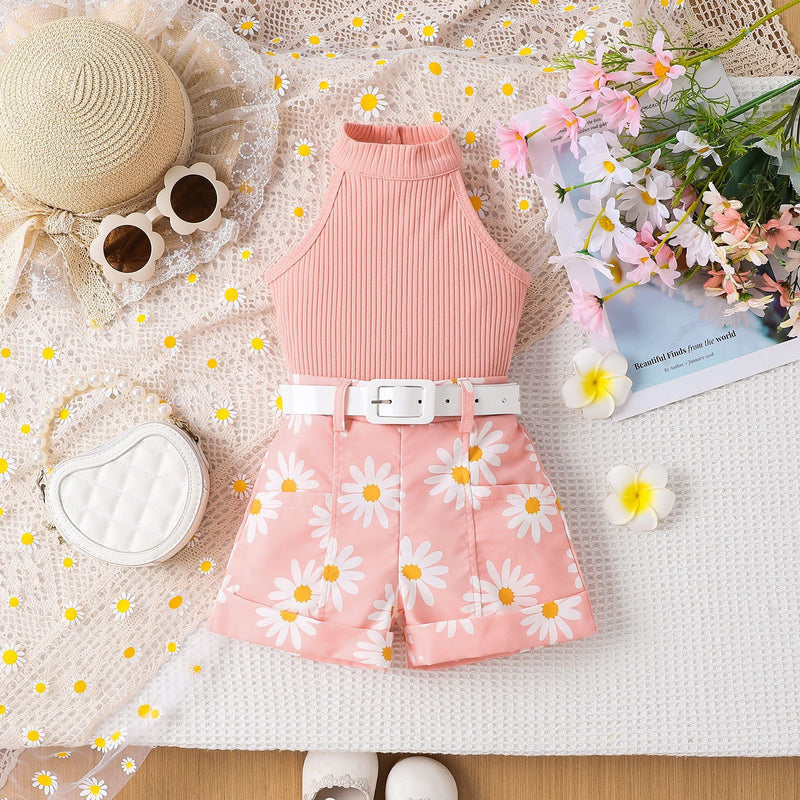 Children's Pure Color Halter Top Printed Shorts Belt